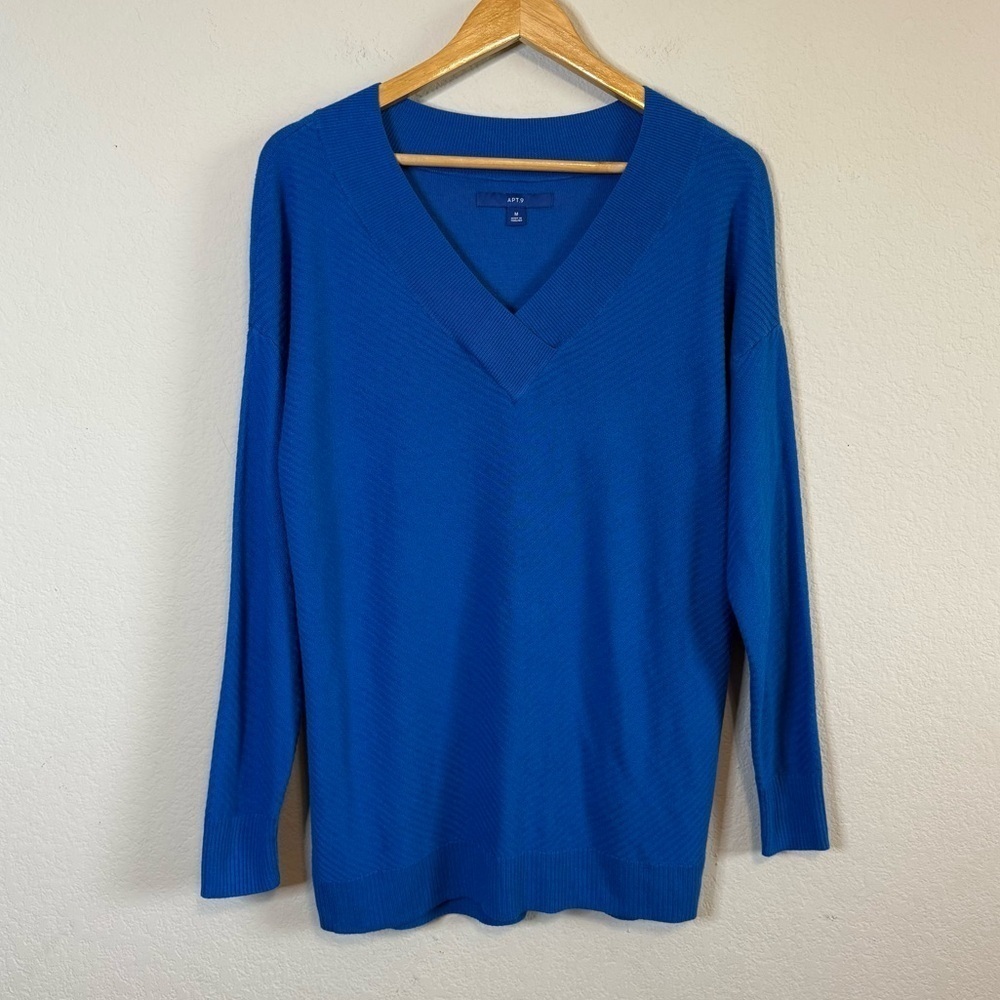 Apt 9 Royal Blue V Neck Ribbed Long Sleeve Casual Blouse Top Longline Size Med